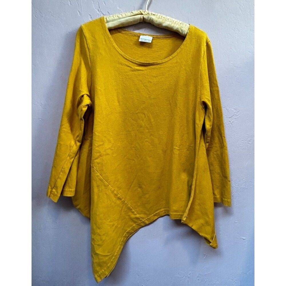 Pacific Cotton San Francisco Scoop Neck Asymmetric Hem Tunic Top Small Mustard